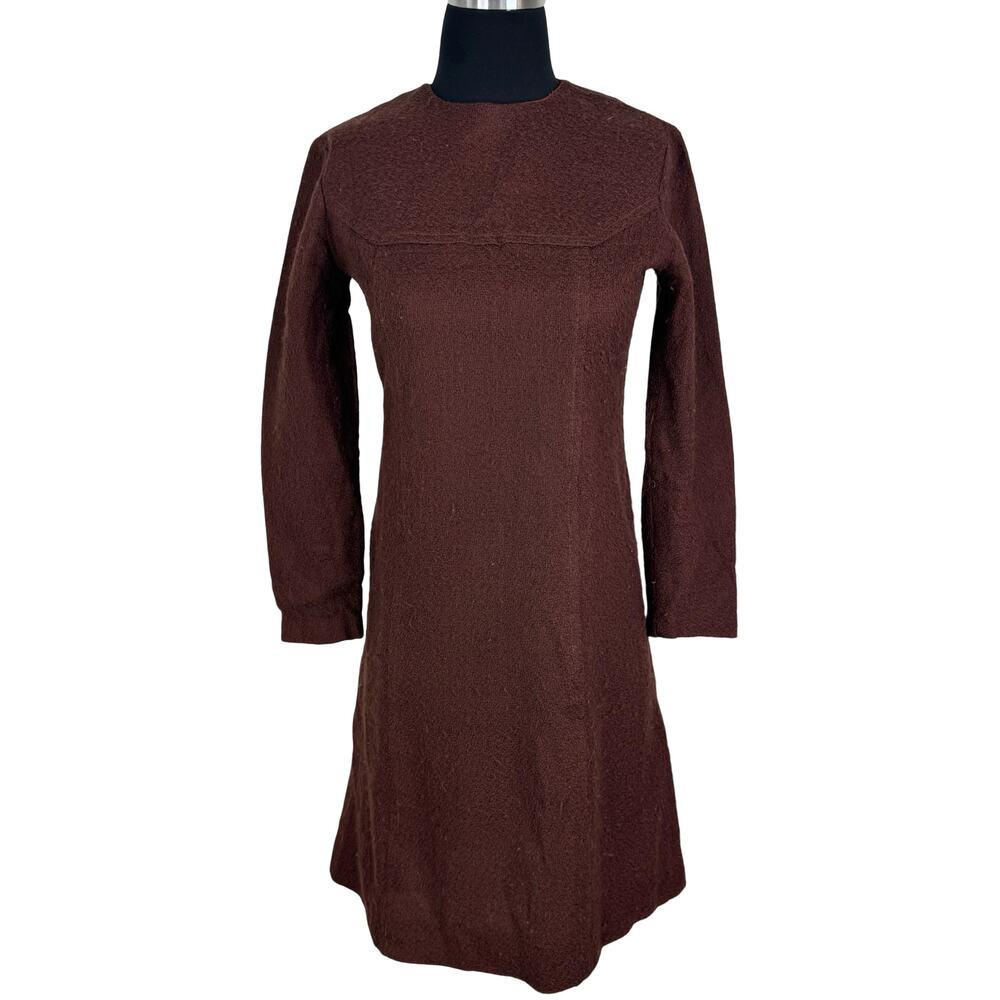 Vintage 60s Distressed Mod Shift Dress Brown Bonded Wool Thrashed Grunge XS